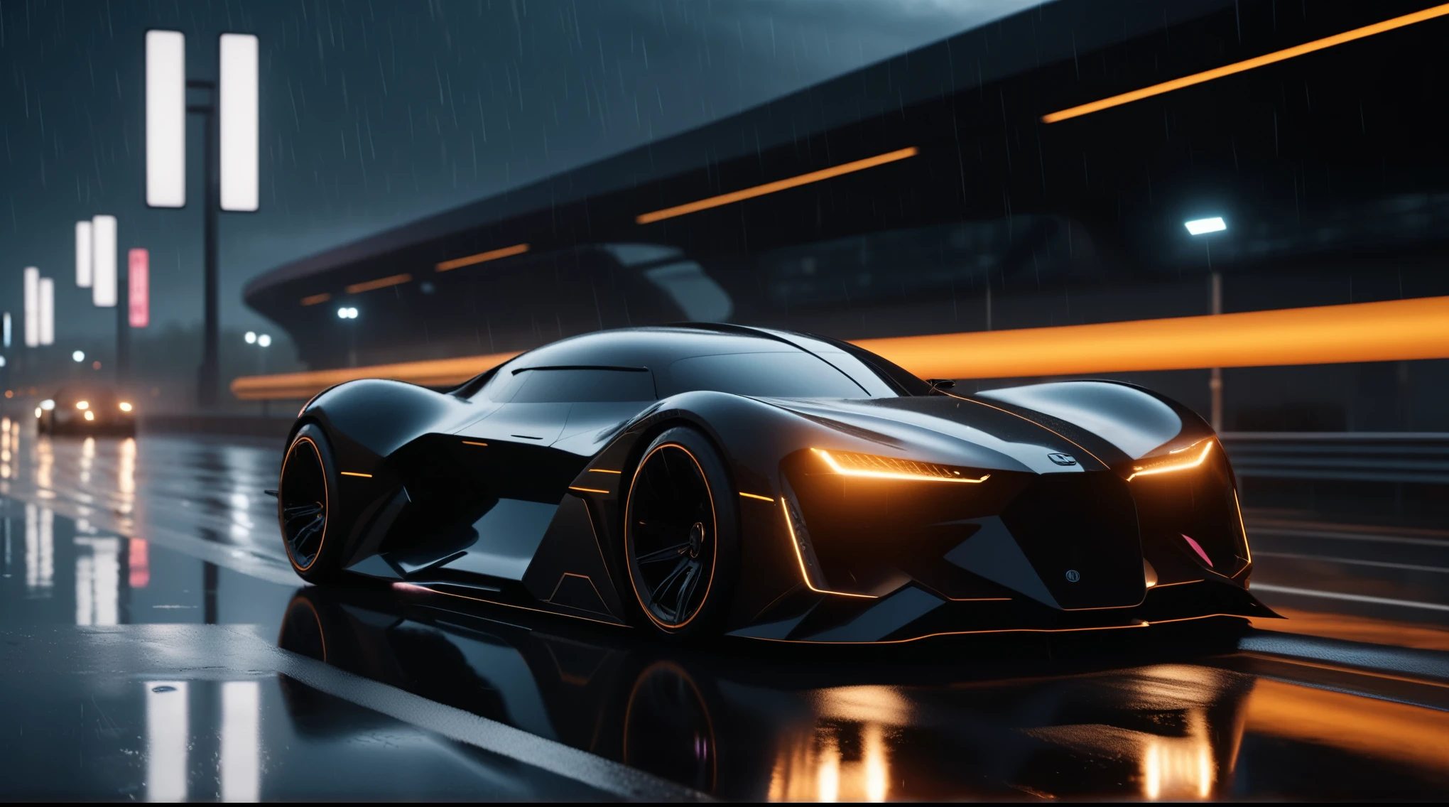 professional 3D model, a cinematic rendering of a geometric black futuristic car speeding on a wet highway,natta,strong main lights,4K,best qualityer,High definition,8K,film, . octane rendering, highy detailed, Volumetric, dramatic lighting
