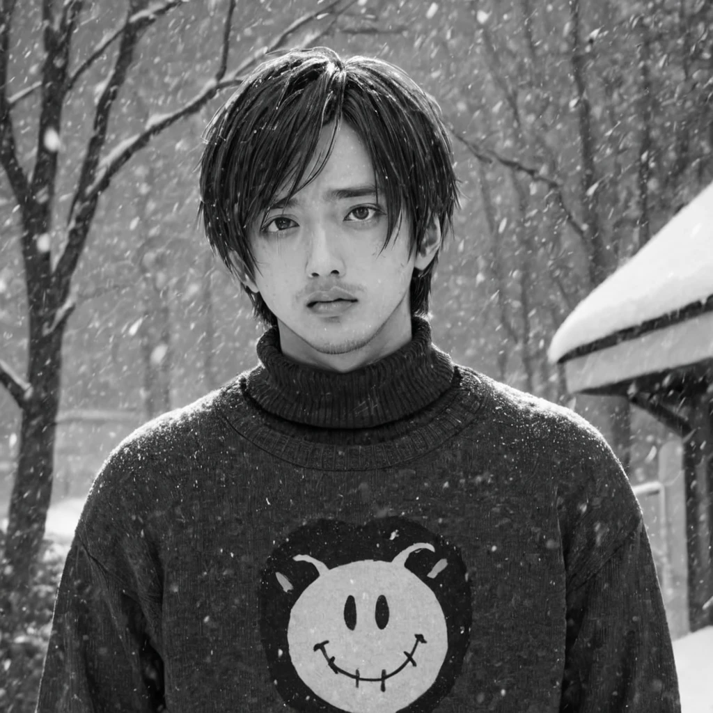 cold sweater in the snow, (anime), bizarre scenario, This is Junji, Yusuke Murata, black and white, 8K, anime, horror