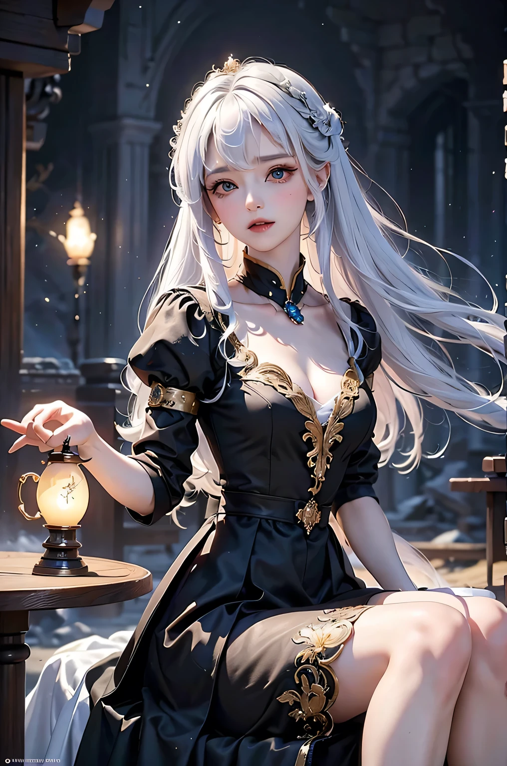 ((masterpiece:1.5,Highest quality,Highly detailed images,Beautiful images、Realistic、Photorealistic、2.5D))(1girl, solo)(Adult women、medium breasts, white hair, black eyes, Healthy legs、Tight ass、Beautiful cleavage)(Fantasy dresses、Fantasy Clothes、Black battle dress、Deep slit)(smile, wind, floating hair)(bright、Soft lighting、Inside the castle、The King's Chamber）
