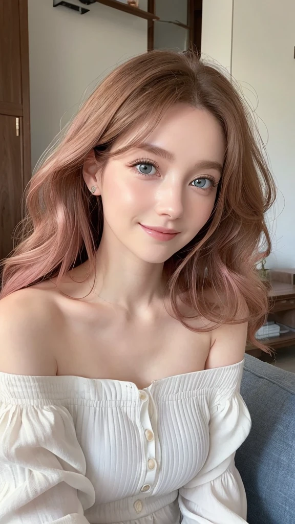 Upturned eyes, masterpiece、Highest quality、 amount, Curly Hair, A 26-year-old woman with long pale pink hair and blue eyes..、Wearing a white off-the-shoulder blouse、smile, (shy:1.2), Sitting、The background is a simple living room、Bold composition、The upper body is shown、alone、A close-up of your face