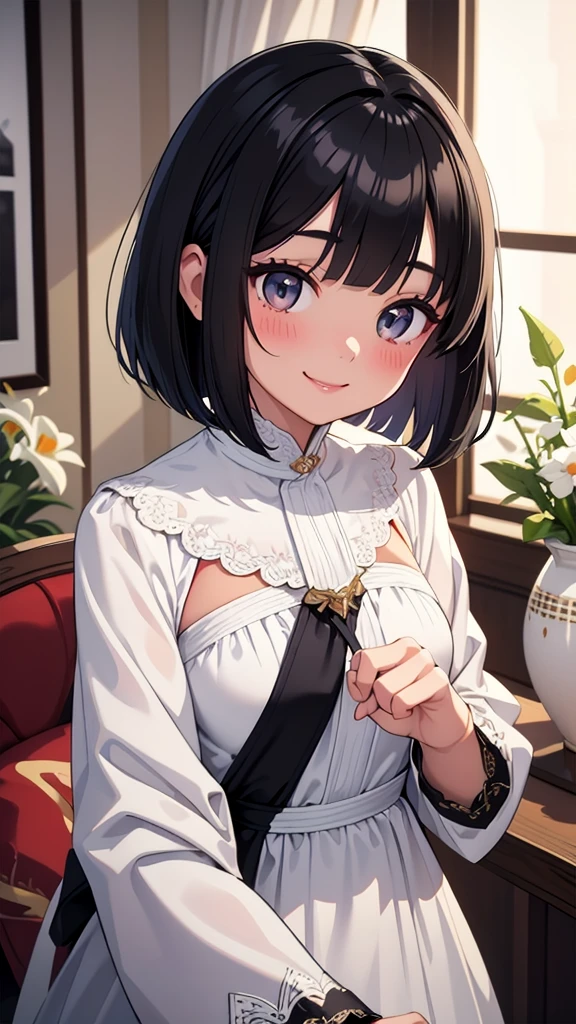 masterpiece、Highest quality、Very detailed、Beautiful lighting、[[Small body]]、She has a bob hairstyle with her bangs trimmed、Black Hair、Iris、White clothes、[[Big Breasts]]、smile、Blushing