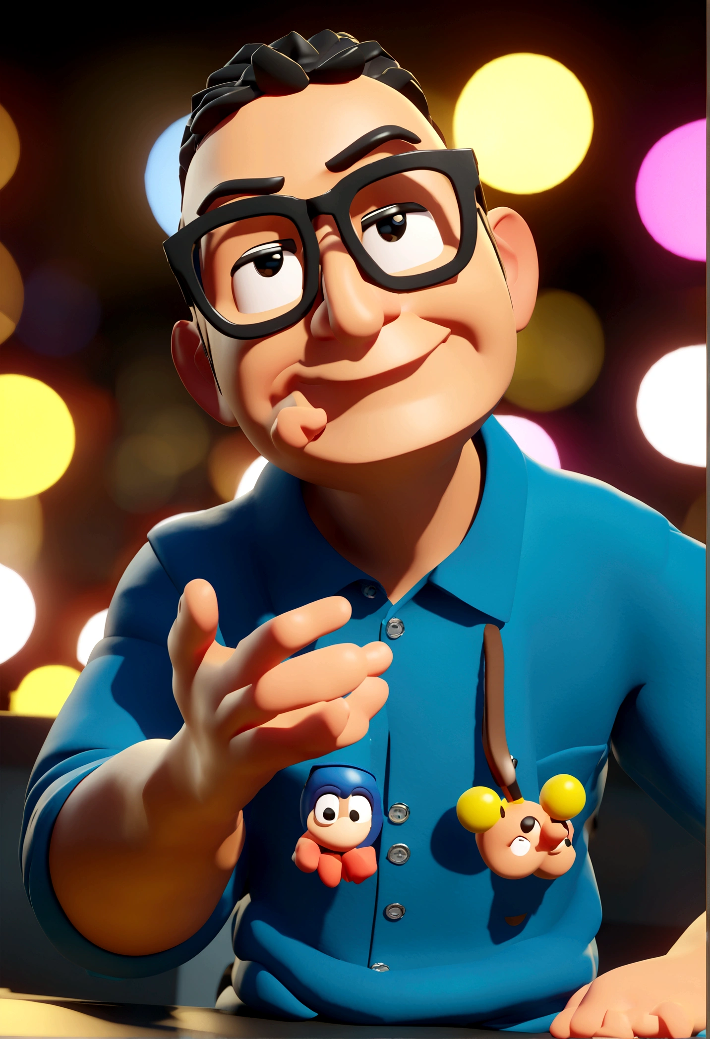 Cartoon character of a man in black glasses and blue shirt, an animated character, stylized character, animation style rendering, 3d stylized, Arnold Maya rendering, Stylized 3D rendering, toon render screenshot, 3d character, 3d character, Stylized 3D rendering, 3D character rendering, cartoon character, Personagem de close up, character posing, (Pixar-style) (master part:1.2) (bokeh) (best qualityer) (skin detailed) (detailed texture) (8K) (Argilla) (cinematic lighting) (sharp focus,Sit down and lift your upper body