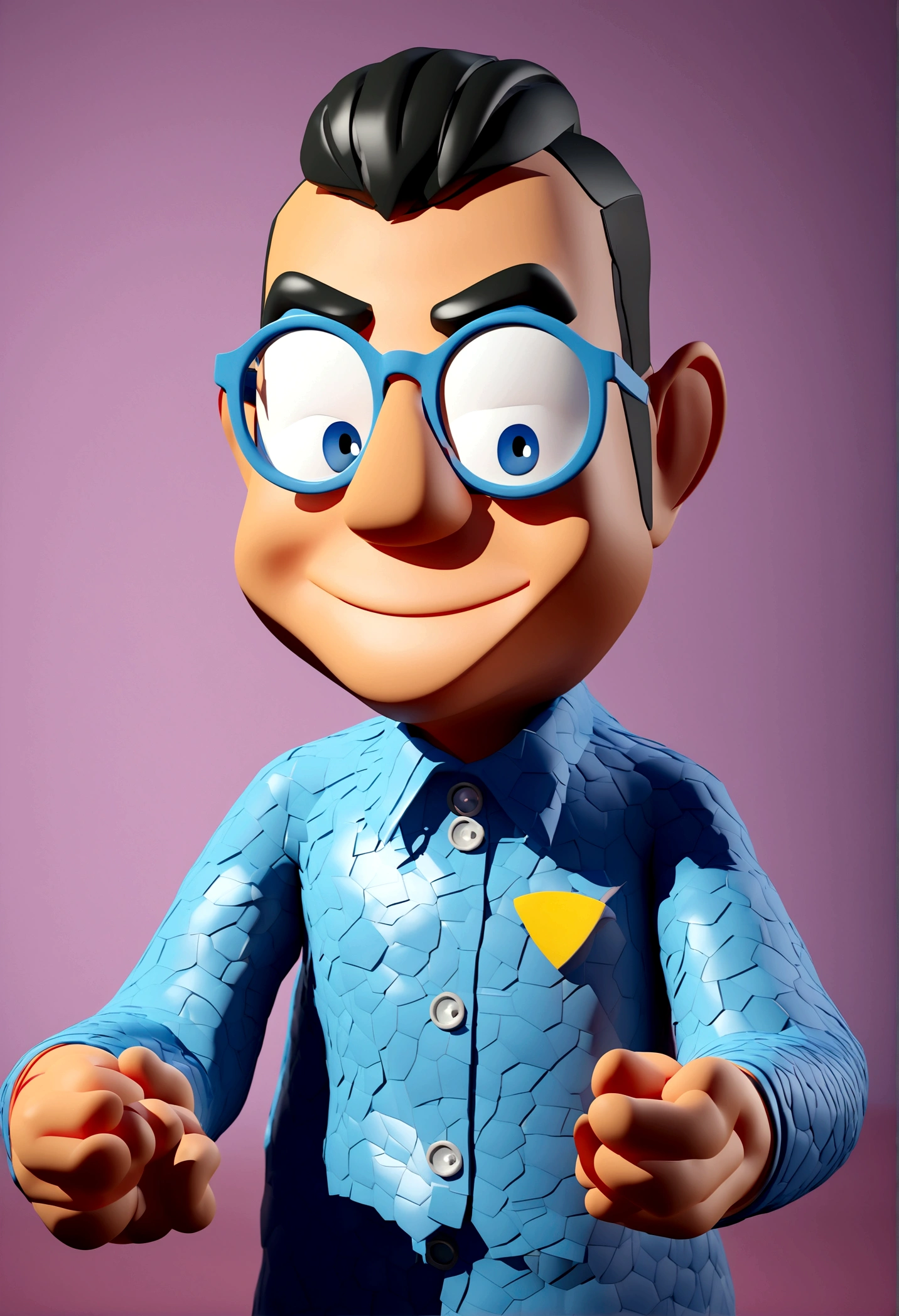 Cartoon character of a man in black glasses and blue shirt, an animated character, stylized character, animation style rendering, 3d stylized, Arnold Maya rendering, Stylized 3D rendering, toon render screenshot, 3d character, 3d character, Stylized 3D rendering, 3D character rendering, cartoon character, Personagem de close up, character posing, (Pixar-style) (master part:1.2) (bokeh) (best qualityer) (skin detailed) (detailed texture) (8K) (Argilla) (cinematic lighting) (sharp focus，Sit down and lift your upper body