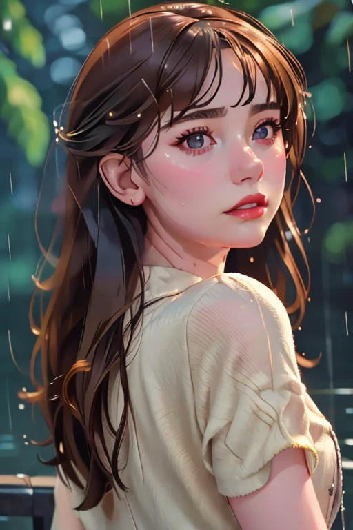 a girl in the rain, wet top,  beautiful detailed eyes, beautiful detailed lips, extremely detailed eyes and face, long eyelashes, rain drops on skin, dynamic pose, moody lighting, cinematic composition, vibrant colors, dramatic lighting, photorealistic, (best quality,4k,8k,highres,masterpiece:1.2),ultra-detailed,(realistic,photorealistic,photo-realistic:1.37)