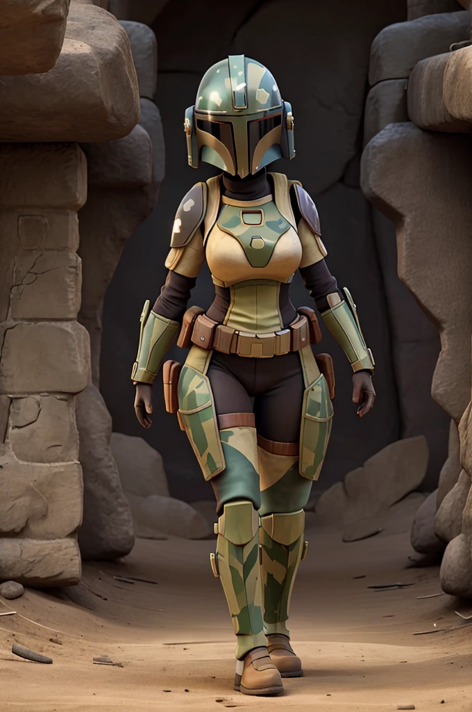 female Mandalorian, Mandalorian armor, Mandalorian helmet, curvy, wide hips, thick thighs, slim waist, tall, long legs, camo, camouflage, camo armor