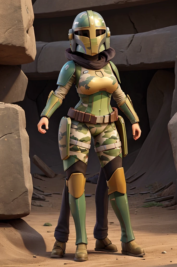 female Mandalorian, Mandalorian armor, Mandalorian helmet, curvy, wide hips, thick thighs, slim waist, tall, long legs, camo, camouflage, camo armor