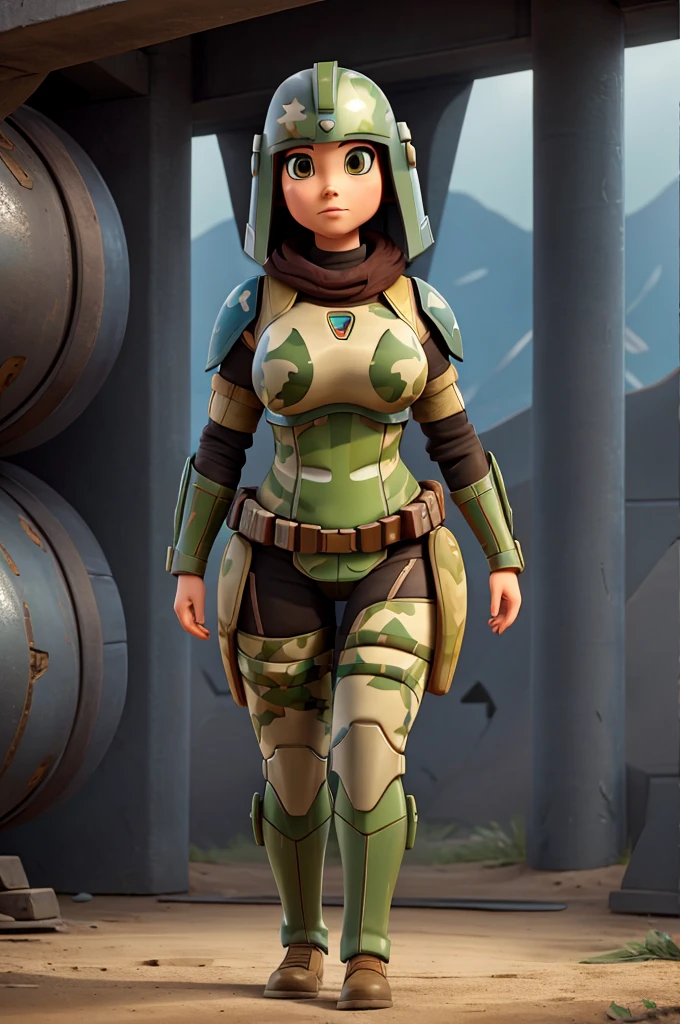 female Mandalorian, Mandalorian armor, Mandalorian helmet, curvy, wide hips, thick thighs, slim waist, tall, long legs, camo, camouflage, camo armor
