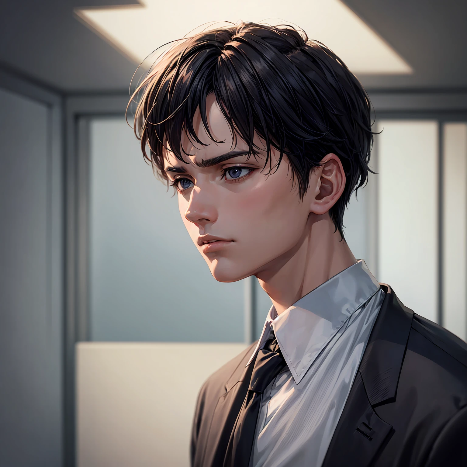 a 21 year old man in a white buttoned long sleeve shirt with black tie, japanese anime style, detailed facial features, hyper realistic, 8k, photorealistic, masterpiece, extremely detailed, dramatic lighting, moody atmosphere, cinematic composition, in an office