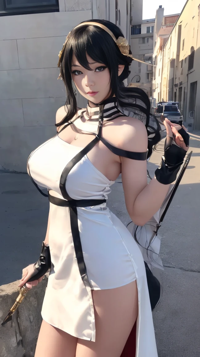 ((Yoro Cosplay)), ((A very cute white girl is cosplaying as you, Stand on the side of the road), 1 Girl, Wide range photograph撮影, Wide range, Long and beautiful face, Clear Face, ((Hot body)), ((Your dress)), ((Spy X Family)), ((Assassin Suit Dress)), ((Cosplay Dresses)), , ((No breasts)), Covered, (((Realistic))), ((Dress neatly)), waist curve pose, surface side, (8K, RAWphotograph, Highest quality, masterpiece), (Realistic, Realistic: 1.9), ((Full Body Shot)), Stylish pose, ((Highly detailed skin: 1.2)), ((Realistic: 1.9)), photograph, masterpieces, Highest quality, (Beautiful Blue Eyes, Gorgeous pale gray black curly hair, White skin, Thick body, Coarse hairs on lower abdomen, perfect slim figure), Various poses, Highly detailed face, Fine grain, Many people are looking at her with excitement., (((close))), Light of the sun, Cinematic, ((photograph撮影)), photograph 