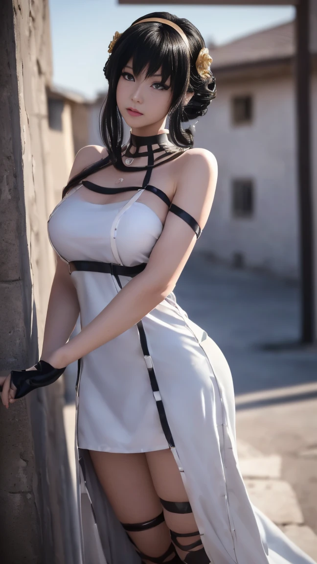 ((Yoro Cosplay)), ((A very cute white girl is cosplaying as you, Stand on the side of the road), 1 Girl, Wide range photograph撮影, Wide range, Long and beautiful face, Clear Face, ((Hot body)), ((Your dress)), ((Spy X Family)), ((Assassin Suit Dress)), ((Cosplay Dresses)), , ((No breasts)), Covered, (((Realistic))), ((Dress neatly)), waist curve pose, surface side, (8K, RAWphotograph, Highest quality, masterpiece), (Realistic, Realistic: 1.9), ((Full Body Shot)), Stylish pose, ((Highly detailed skin: 1.2)), ((Realistic: 1.9)), photograph, masterpieces, Highest quality, (Beautiful Blue Eyes, Gorgeous pale gray black curly hair, White skin, Thick body, Coarse hairs on lower abdomen, perfect slim figure), Various poses, Highly detailed face, Fine grain, Many people are looking at her with excitement., (((close))), Light of the sun, Cinematic, ((photograph撮影)), photograph 