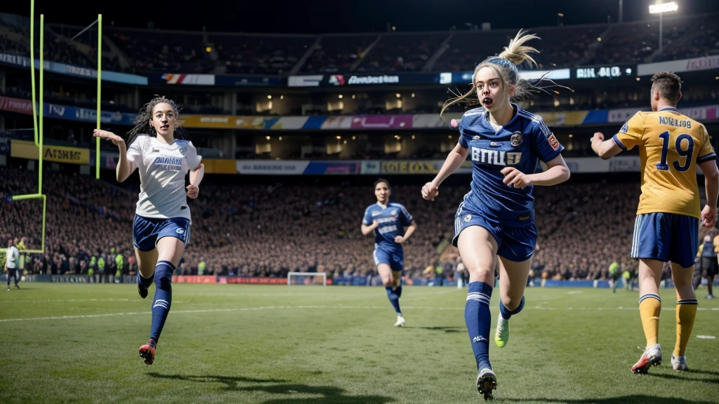 Billie Eilish running to kick a football and score the winning goal.