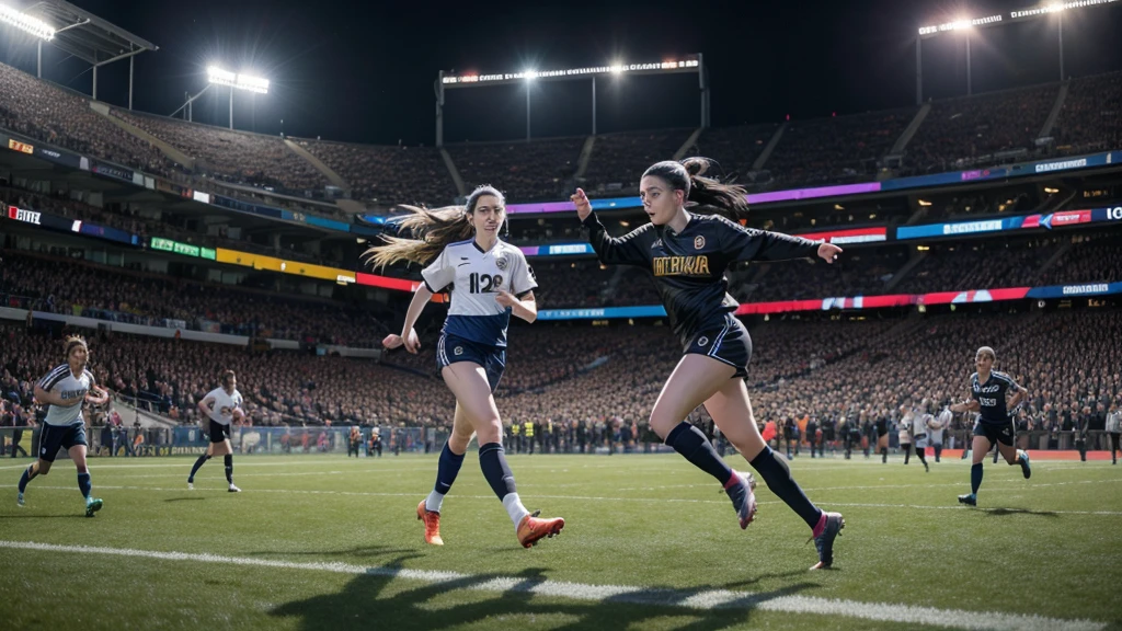 Billie Eilish running to kick a football and score the winning goal. 