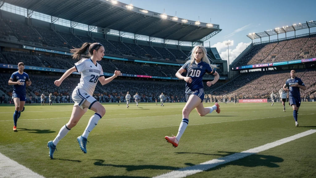 Billie Eilish running to kick a football and score the winning goal.