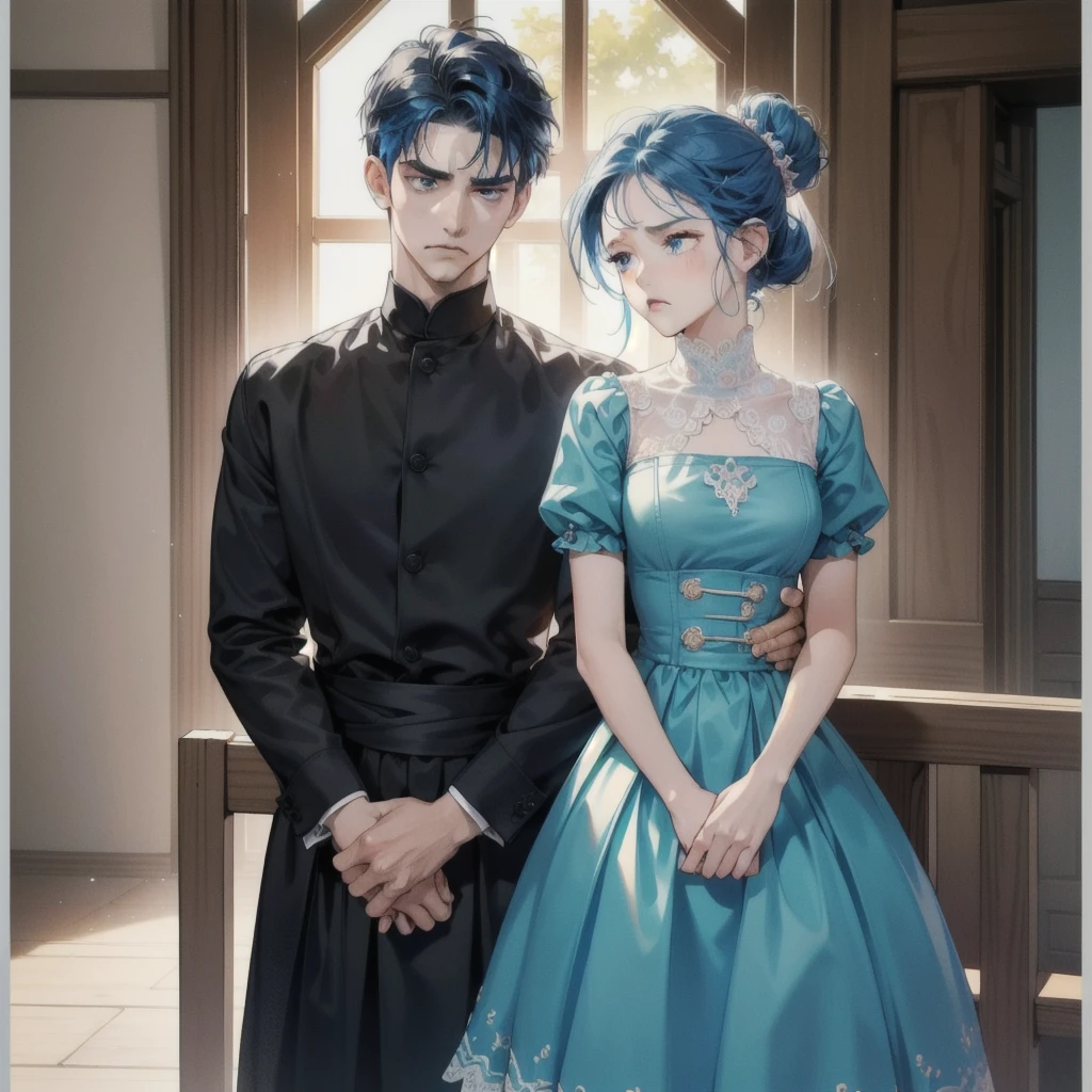 Masterpiece, Official Art, 8k, Masterpiece, Best Quality, Very Detailed, A Young Couple, Detailed Face, Detailed Body, 1 Man, Short Black Hair, White T-Shirt, (Sad Expression: 1.5) (Sadness Face: 1.5), ((Masterpiece), (Best Quality), (Detailed), (1girl), Blue Hair, Blue Eyes, Updo, Pink Dress, Standing Back to Back with Anger and Disappointment on His Face, Divorce Certificate in Hand, the lawyer stood between them, trying to mediate, the tense atmosphere, the courtroom, the wooden bench was crowded with people, some with sad expressions, others with curious expressions, the judge sat on the high platform, looking down at the couple