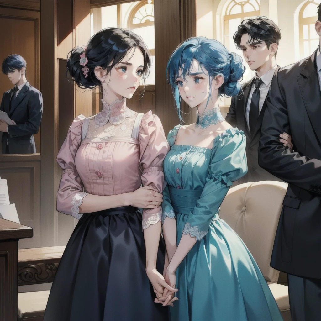 Masterpiece, Official Art, 8k, Masterpiece, Best Quality, Very Detailed, A Young Couple, Detailed Face, Detailed Body, 1 Man, Short Black Hair, White T-Shirt, (Sad Expression: 1.5) (Sadness Face: 1.5), ((Masterpiece), (Best Quality), (Detailed), (1girl), Blue Hair, Blue Eyes, Updo, Pink Dress, Standing Back to Back with Anger and Disappointment on His Face, Divorce Certificate in Hand, the lawyer stood between them, trying to mediate, the tense atmosphere, the courtroom, the wooden bench was crowded with people, some with sad expressions, others with curious expressions, the judge sat on the high platform, looking down at the couple