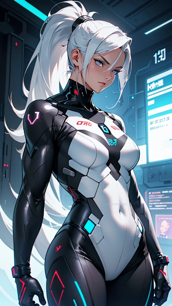 Beautiful cybernetic girl detailed muscles realistic masterpieces full figure pose (best quality,ultra-detailed), white hair in ponytail, fair skin, fit body, slim figure, narrow waist, large buttocks, (cocky expression), black carbon fiber cybernetic mobile combat suit