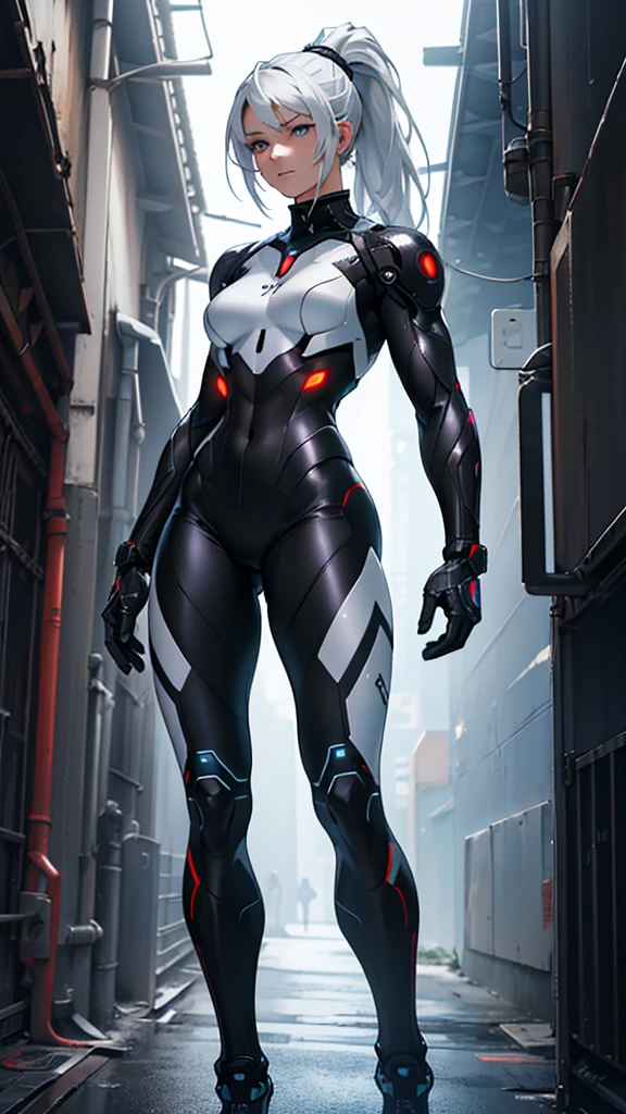 Beautiful cybernetic girl detailed muscles realistic masterpieces full figure pose (best quality,ultra-detailed), white hair in ponytail, fair skin, fit body, slim figure, narrow waist, large buttocks, (cocky expression), black carbon fiber cybernetic mobile combat suit