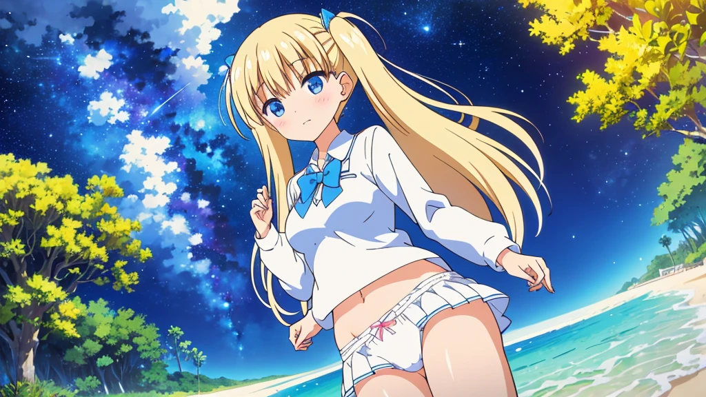 A nice white shirt that lets you see. 、Light blue flared skirt with ruffles、She lifts her skirt with both hands to show off her pretty white underwear.、Cute white underwear visible when you lift your skirt.、sandy beach, beautiful sea, night and starry sky small breasts 