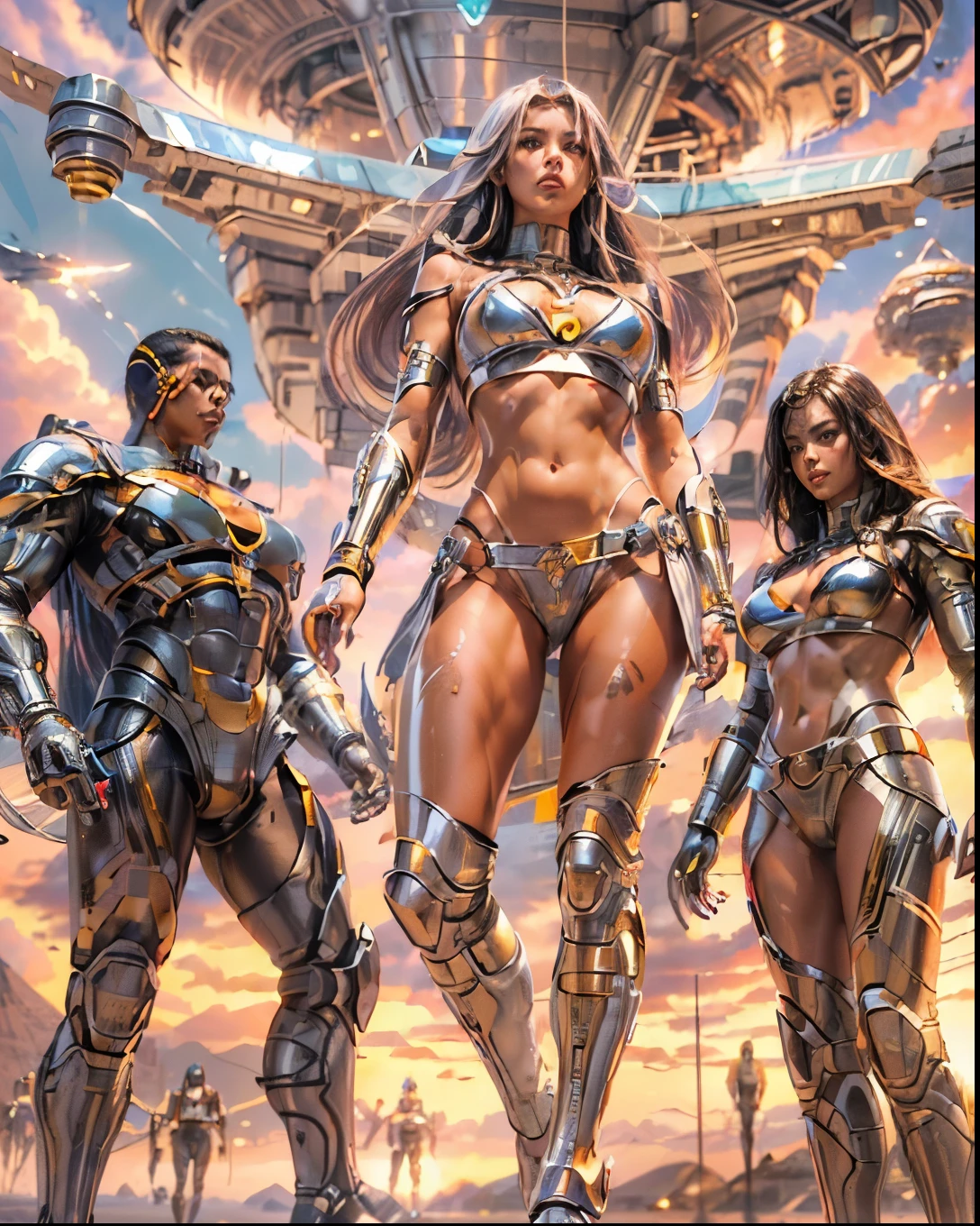 (((low angle shot))), ((women fighting in war wearing ultra thin translucent bikini with gorgeous muscular long legs)), ((pink silver black)), prismatic, reflective, ((ultra perfect flowing hairstyle)), (((huge natural breasts, tan lines))), ((perfect radiant skin color)), ((super colourful)), (((cinematic sunset gorgeous skies))), (((detailed spaceship background and incredibly sci-fi retro art masterpiece))), (((1:1 scale proportions))), ((science fiction)), ((chrome spaceships)), (((ultra photorealistic realism))), ((Smooth curves, clean lines, streamlined, functional aesthetics, reflective surfaces, integrated lighting, giant floating spaceships, engraved Egyptian and spiritual motifs)), ((acrylic plastic robot))