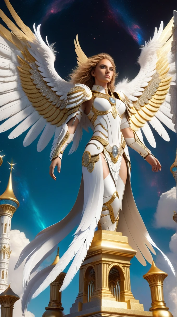 8K, warrior lion head, white angel perched on a golden bejeweled tower in a utopian paradise city, huge feathered angel wings, nebula glowing eyes, white clouds flowing, ivory armor with diamond inlays, trends on artstation, sharp focus, studio photo, details Intricate, highy detailed, por Tim Burton