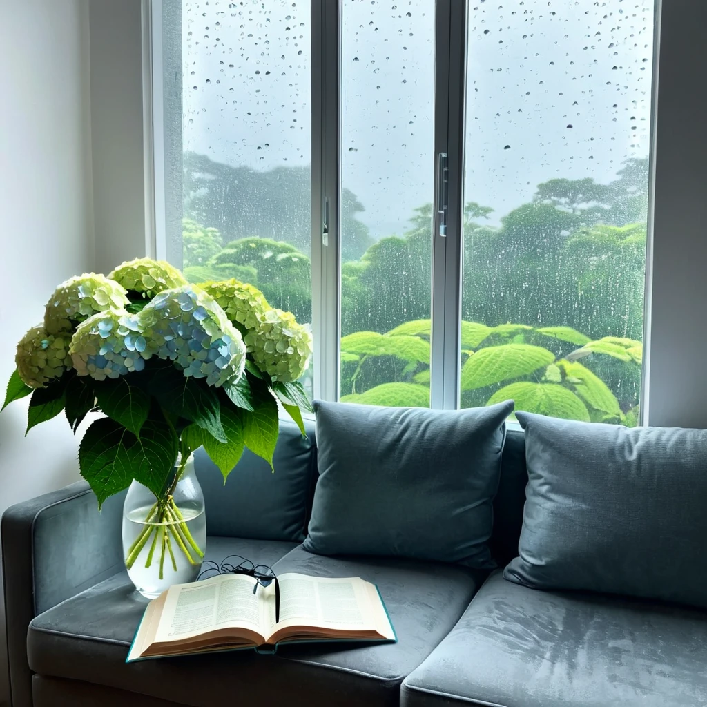 It's raining outside the window, the hydrangeas are blooming beautifully, and a girl is itching to go outside on a rainy day, sitting on the sofa in her room reading a book while listening to music on wireless earphones.