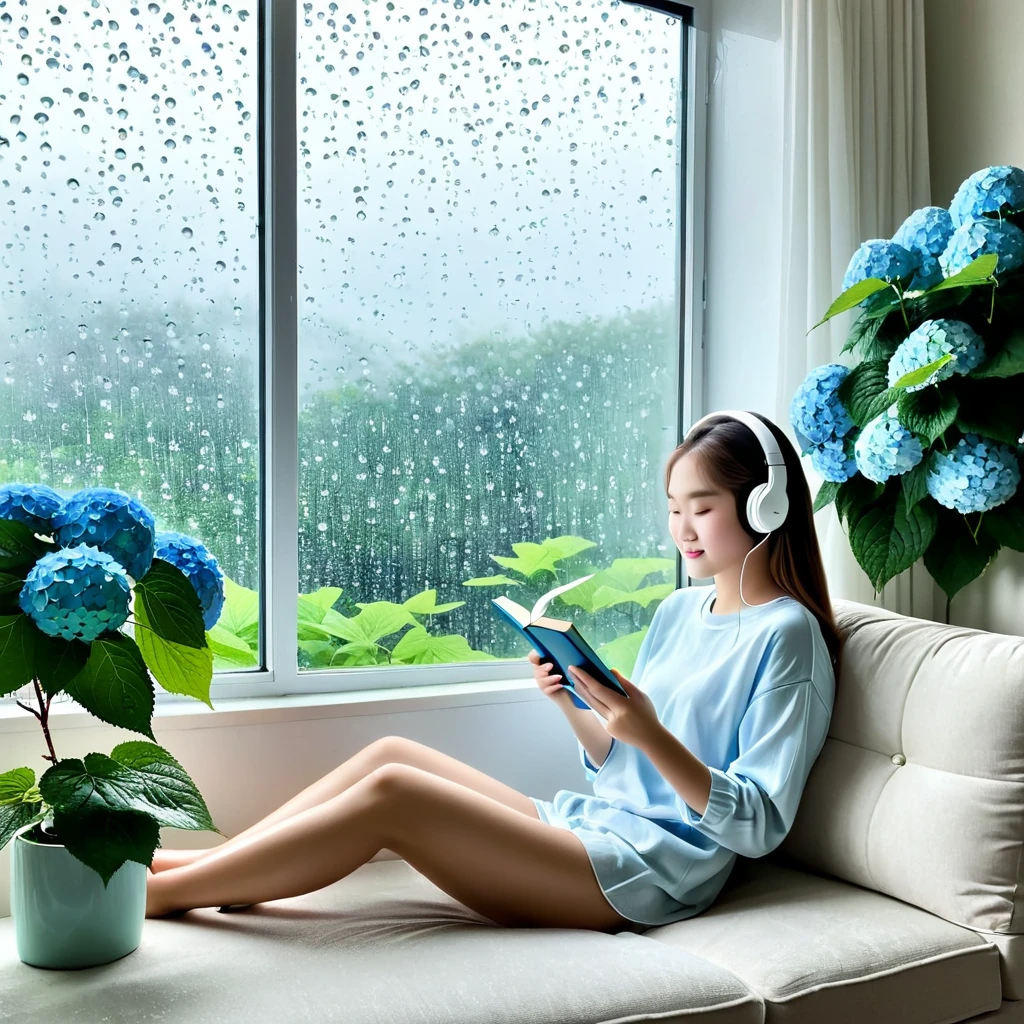 It's raining outside the window, the hydrangeas are blooming beautifully, and a girl is itching to go outside on a rainy day, sitting on the sofa in her room reading a book while listening to music on wireless earphones.