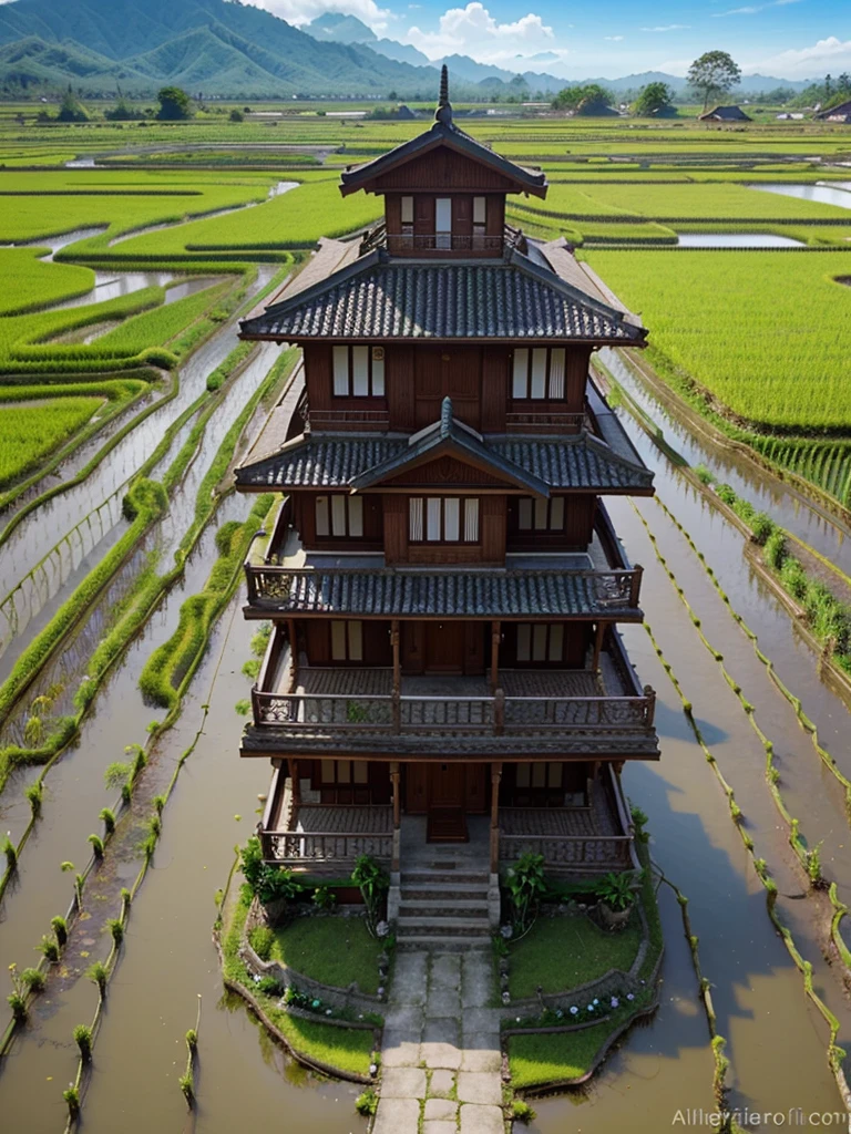 make a picture of a house from Indonesian-style karu, in the middle of rice fields, there is a road, Realistic, there are colorful flowers around the house, preerspective, clear blue sky, mountain background