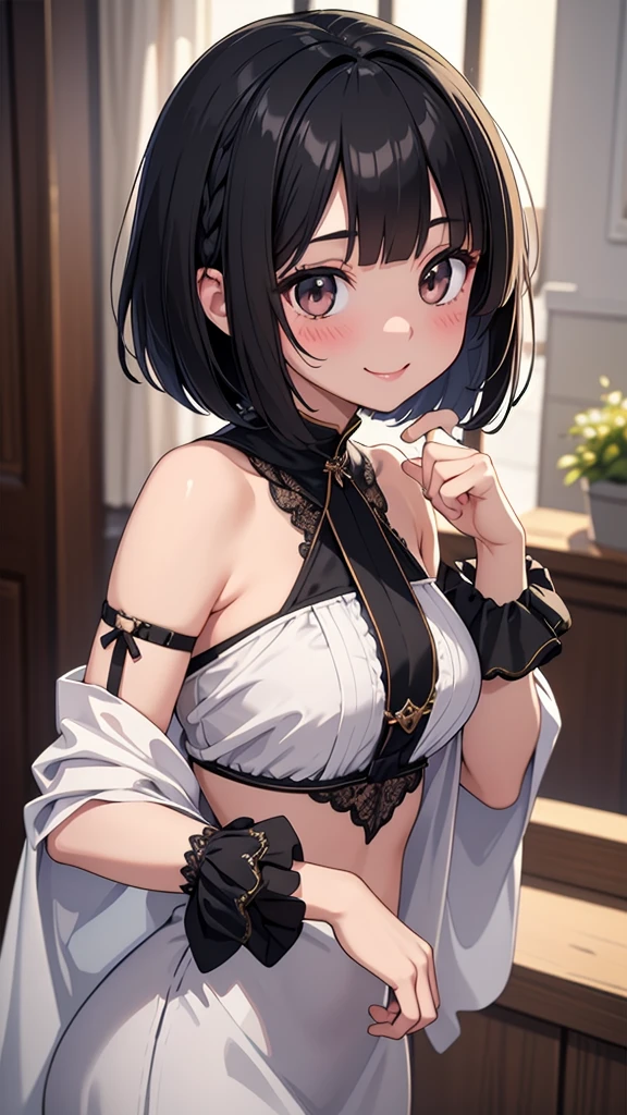 masterpiece、Highest quality、Very detailed、Beautiful lighting、[[Small body]]、She has a bob hairstyle with cropped bangs.、Black Hair、iriodern clothing、[[Big Breasts]]、smile、Blushing