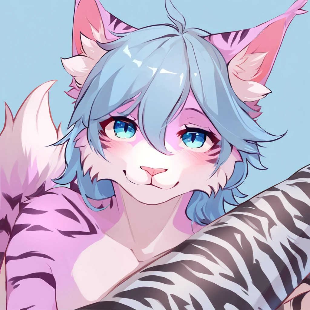 adult, feline, mammal, anthro, anthropomorphic, cat, striped, fur, furred_anthro, femboy, male, light_blue, pink_ears, ear_tufts, purple, paws, hair_tuft, hair_between_eyes, long_tail, fluffy, gentle_expression, expressive_eyes, slightly_smiling light_blue_hair, light looking_at_viewer, blue_fur, shy, small_pupils, spotted_pattern, stripes, tiger_stripes, digital_art, high_resolution, high_res, background shy, lying_down, relaxed_pose, one_arm_supporting_head, seductive_face, head_visible, neck_visible