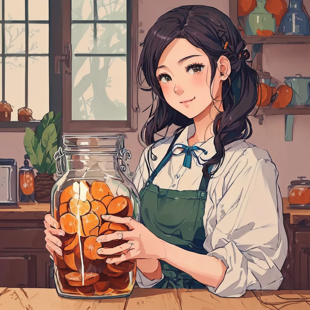 Anime girl holding a jar of oranges in the kitchen, detailed fan art, cute detailed digital art, Ian J., nice detailed work, lofi girl, change, Digital anime illustration, anime style illustration, inspired by Asaph Hanukkah, fan art, high quality fan art, Abigail of Stardew Valley, Correct hands and fingers, fix fingers