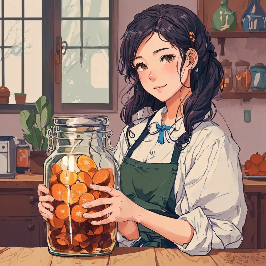 Anime girl holding a jar of oranges in the kitchen, detailed fan art, cute detailed digital art, Ian J., nice detailed work, lofi girl, change, Digital anime illustration, anime style illustration, inspired by Asaph Hanukkah, fan art, high quality fan art, Abigail of Stardew Valley, Correct hands and fingers, fix fingers