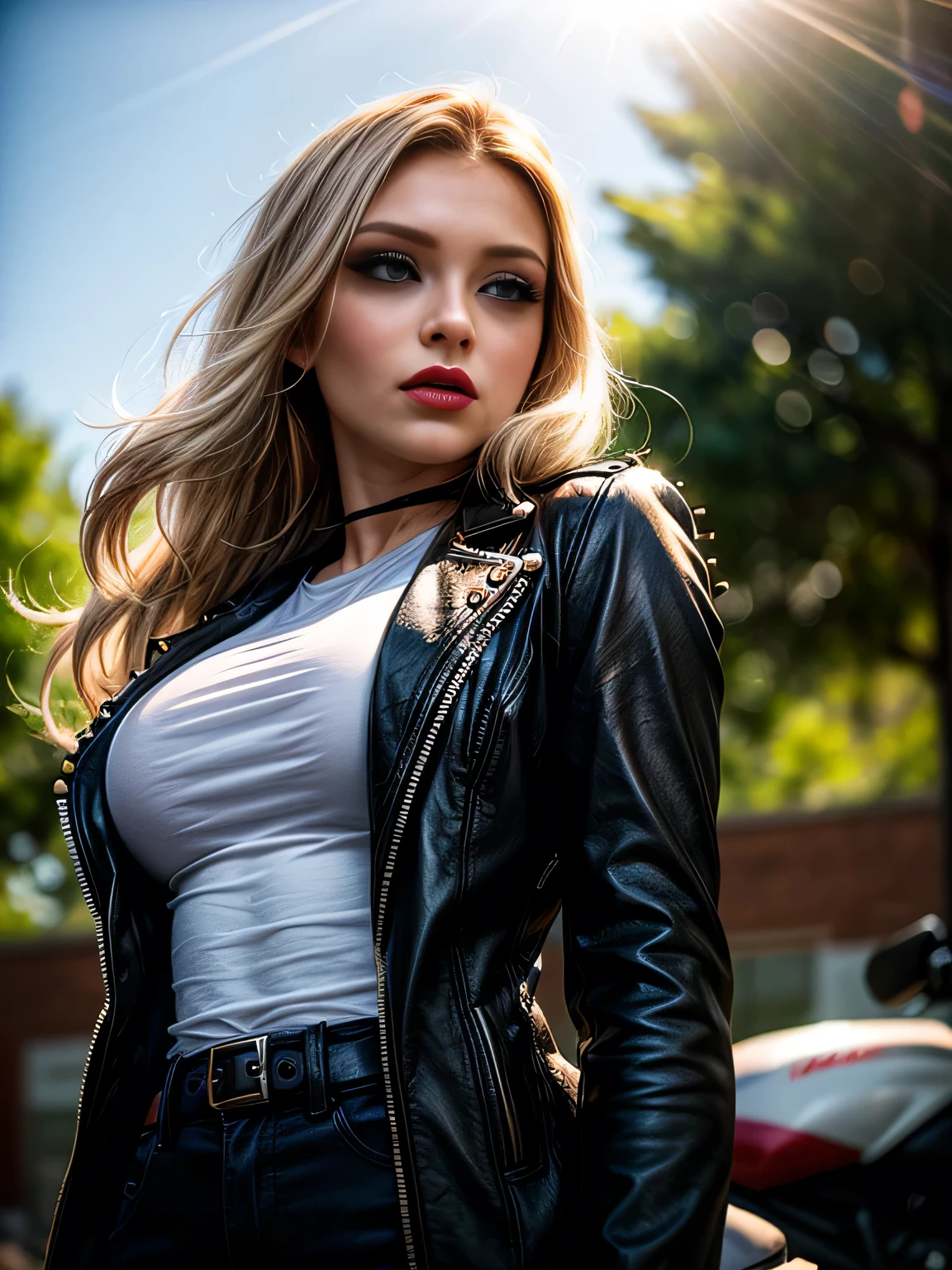 (masterpiece, photorealistic:1.4, extremely intricate:1.3, radiosity, photon mapping, dtx), ((20 year old skinny supermodel, ((25 years old), serious, long eyelashes, makeup:1.5), black leather coat, white t-shirt, (((zinc rivets), from below)), red lips)), ((([skin detail:freckles:0.7], portrait, closeup))), outdoor, Motorcycle, faraway motorcycle, professional photograph, (long curly [blonde hair:orange hair:0.4], wind), BREAK ((intense sunlight, ((film grain))), bokeh), BREAK, ((([medium breasts:large breasts:0.7])))