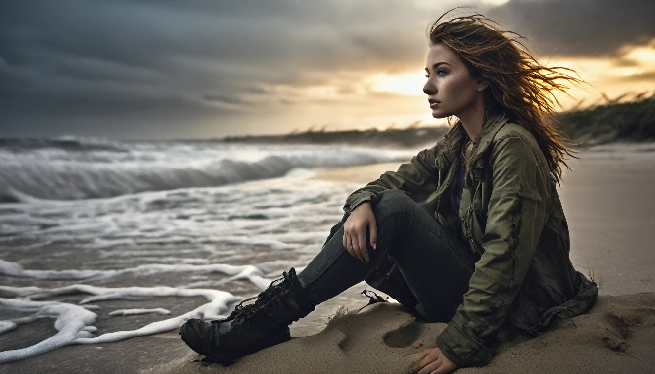 (Create a hyper detailed photograph masterpiece, best quality: 1.2), ultra detailed, cinematic lighting, Photographic portrait, 1girl, (harsh colors), post-apocalyptic beach, night at last, desolate atmosphere, girl sitting on the sand, covered vegetation, (overcast sky), waves crashing on the coast, (melancholic but hopeful), quiet moment of respite, (detailed textures), windswept hair, cloudy at night