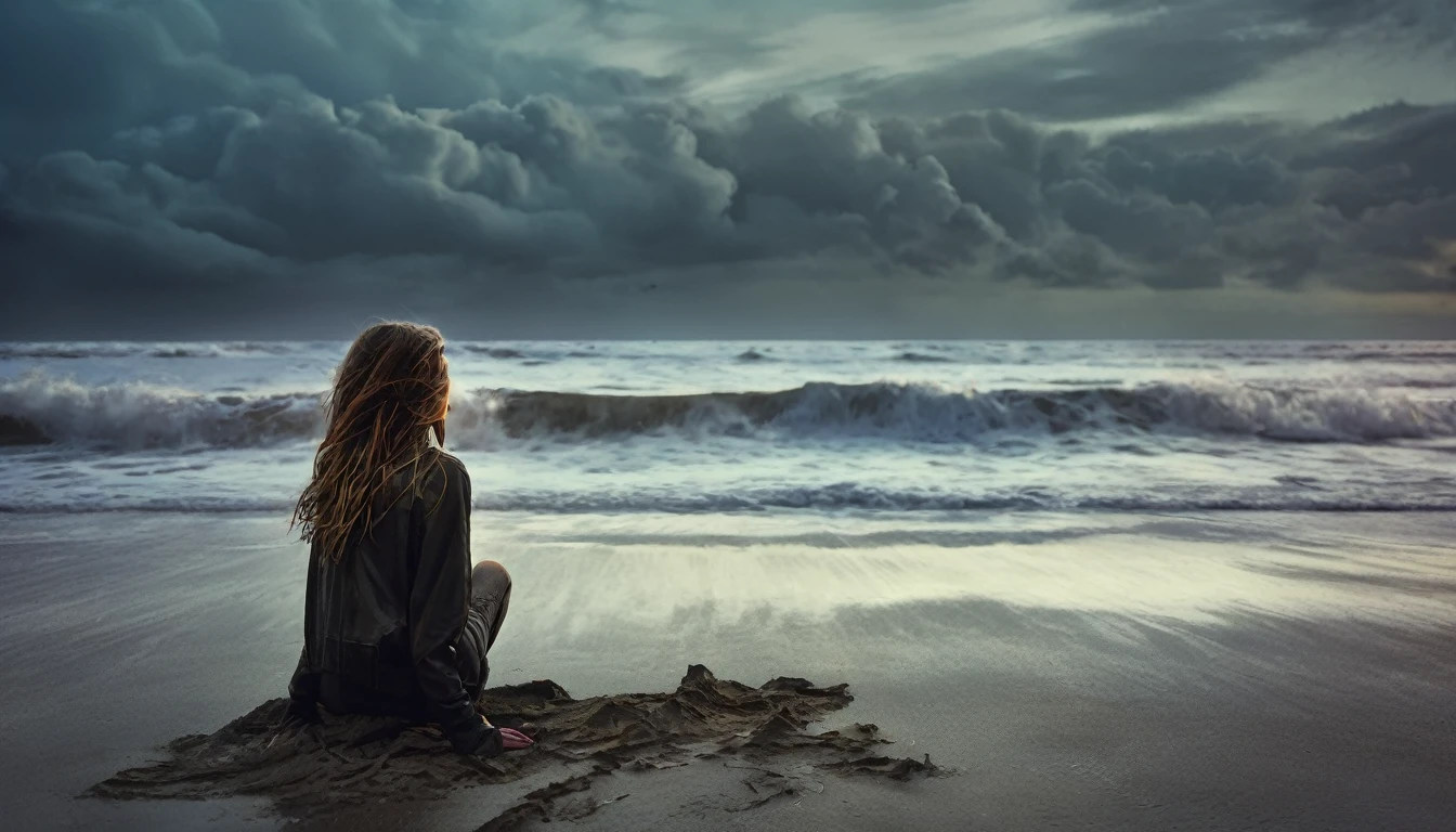 (Create a hyper detailed photograph masterpiece, best quality: 1.2), ultra detailed, cinematic lighting, Photographic portrait, 1girl, (harsh colors), post-apocalyptic beach, night at last, desolate atmosphere, girl sitting on the sand, covered vegetation, (overcast sky), waves crashing on the coast, (melancholic but hopeful), quiet moment of respite, (detailed textures), windswept hair, cloudy at night