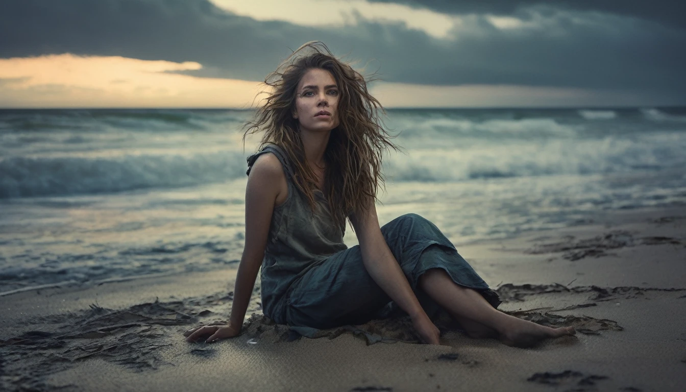 (Create a hyper detailed photograph masterpiece, best quality: 1.2), ultra detailed, cinematic lighting, Photographic portrait, 1girl, (harsh colors), post-apocalyptic beach, night at last, desolate atmosphere, girl sitting on the sand, covered vegetation, (overcast sky), waves crashing on the coast, (melancholic but hopeful), quiet moment of respite, (detailed textures), windswept hair, cloudy at night