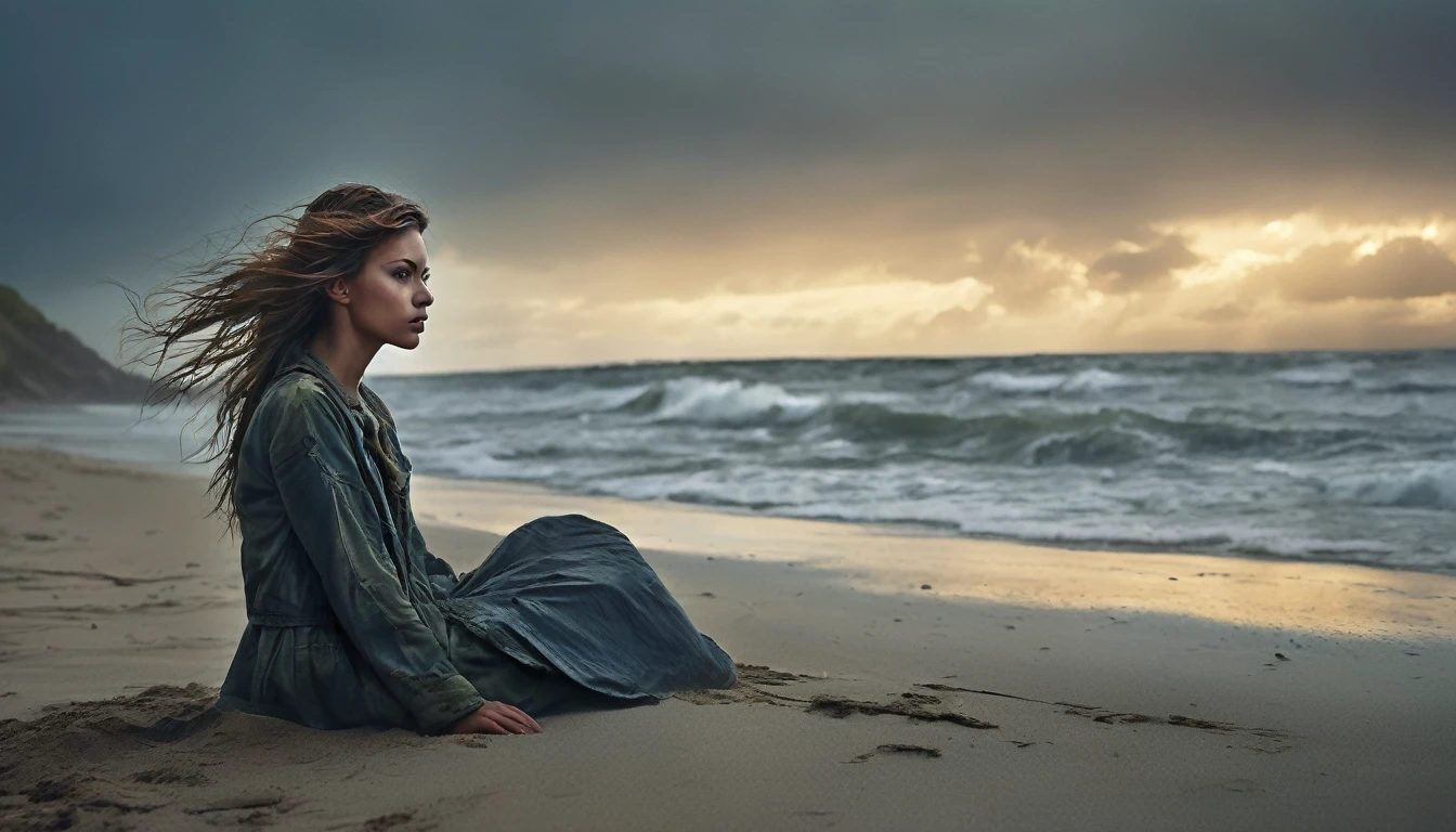 (Create a hyper detailed photograph masterpiece, best quality: 1.2), ultra detailed, cinematic lighting, Photographic portrait, 1girl, (harsh colors), post-apocalyptic beach, night at last, desolate atmosphere, girl sitting on the sand, covered vegetation, (overcast sky), waves crashing on the coast, (melancholic but hopeful), quiet moment of respite, (detailed textures), windswept hair, cloudy at night