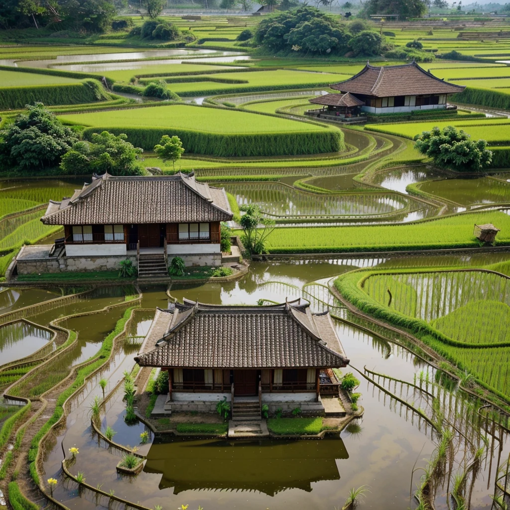 make a picture of a house from Indonesian-style karu, in the middle of rice fields, there is a road, Realistic, there are colorful flowers around the house, front look, clear blue sky, mountain background