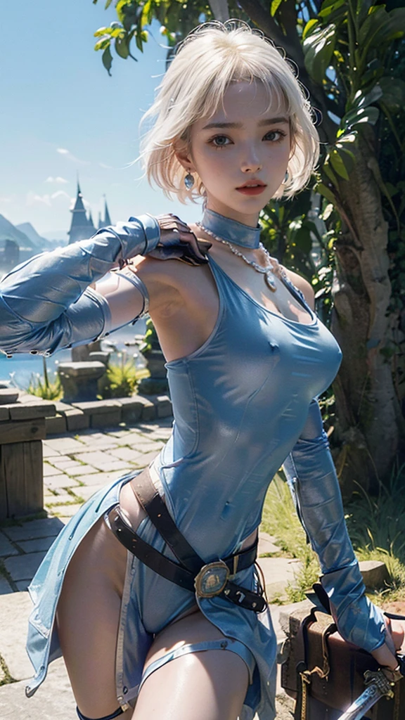 (masterpiece, best quality:1.1), thief (dq3), 1girl, solo, short hair, white hair, blue eyes, medium breasts, pink gloves, jewelry, pearl necklace, earrings, belt, sword, yellow breastplate, black bodysuit, bag, (coin, sword on hip:1.2), (dutch angle, dynamic pose, from side:1.3), (blue skies, nature:1.2)