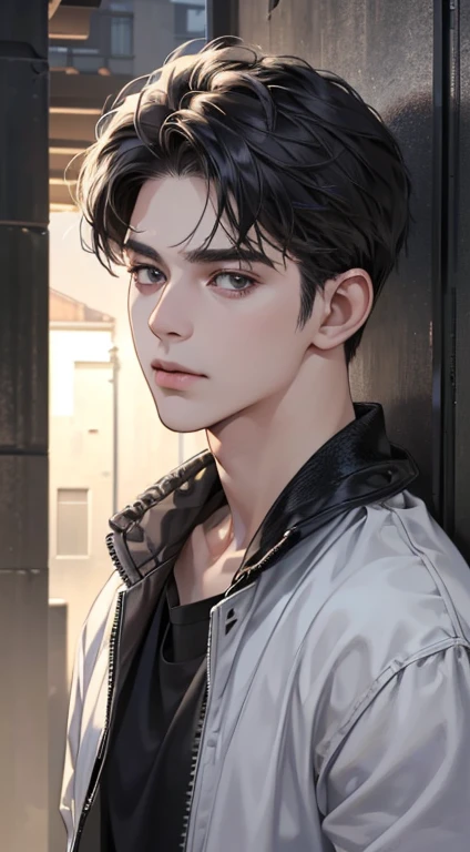 (best quality,4k,8k,highres,masterpiece:1.2),ultra-detailed,(realistic,photorealistic,photo-realistic:1.37),neutral colors,hdr,1.4,anime style,adult 25 year old man,expressionless,perfect detailed face,medium black hair,modern clothes,dystopia