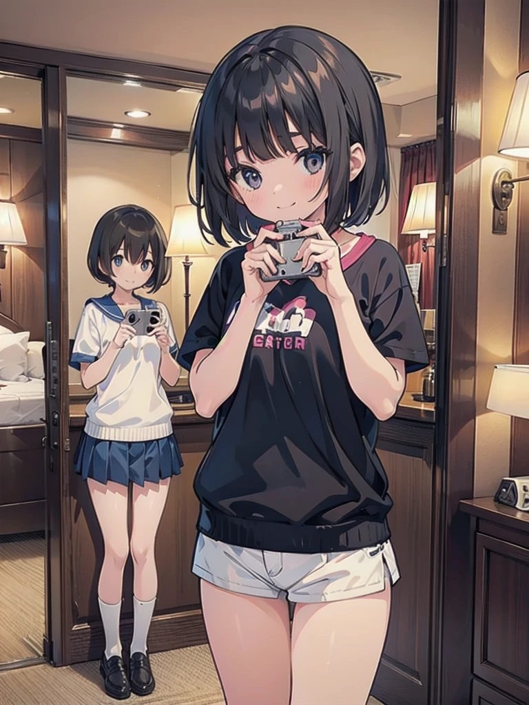 3 middle school girls in a hotel taking photos in underwear, small breasts, some people smile, some seem unsatisfied
