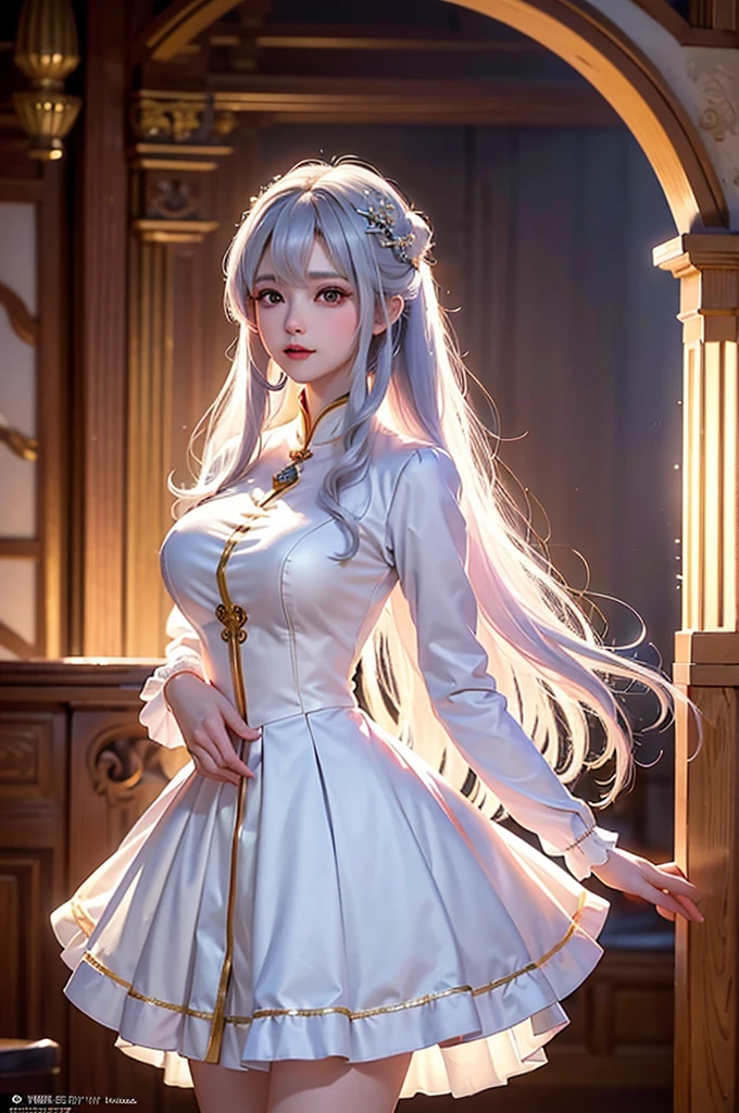 ((masterpiece:1.5,Highest quality,Highly detailed images,Beautiful images、Realistic、Photorealistic、2.5D))(1girl, 独奏)(Adult women、large breasts, white hair, beautiful eyes, Healthy legs、Tight ass、Beautiful cleavage)(Fantasy dresses、Fantasy Clothes、Black battle dress、Deep slit)(smile, wind, floating hair)(bright、Soft lighting、Inside the castle、The King's Chamber）
