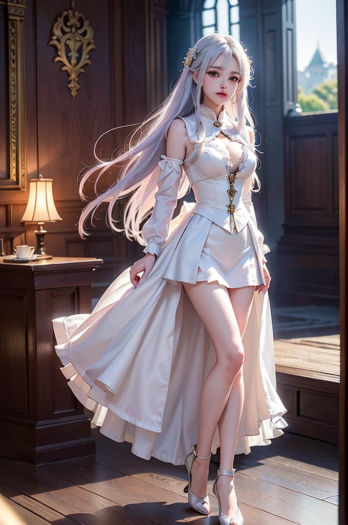 Full body, beatiful eyes, cute face, realistic, 8k, best quality, masterpiece, (1 cute woman, solo: 1.1), very big breasts, white hair, white dress, white elbow gloves, white heel boots, naked shoulders
