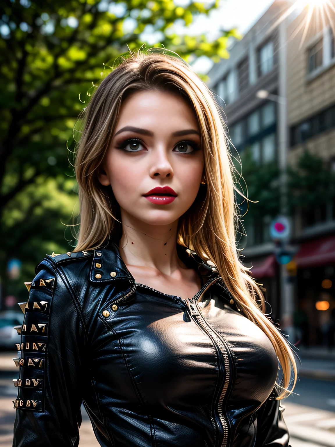 (best quality, highres, ultra-detailed, realistic:1.37), Brec Bassinger posing for a photo, beautiful female punk,full body,(big breasts),(huge cleavage), gothic top model, dark brown piercing eyes, extremely detailed brown eyes and face, beautiful detailed lips, long eyelashes, dark brown eyes, nasty gaze, aggressive look, Lilith, corpsepaint, gothcore, intense gothic atmosphere, black leather jacket, spiked collar, heavy eye makeup, dark lipstick, confident posture, standing tall, vibrant colors with a dark undertone, film noir style.