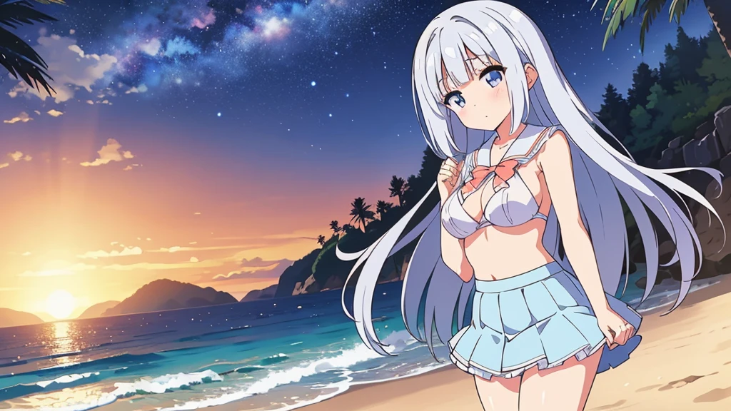 A nice white shirt that lets you see. 、Light blue flared skirt with ruffles、She lifts her skirt with both hands to show off her pretty white underwear.、Cute white underwear visible when you lift your skirt.、sandy beach, beautiful sea, night and starry sky small breasts blue hair nekomimi
