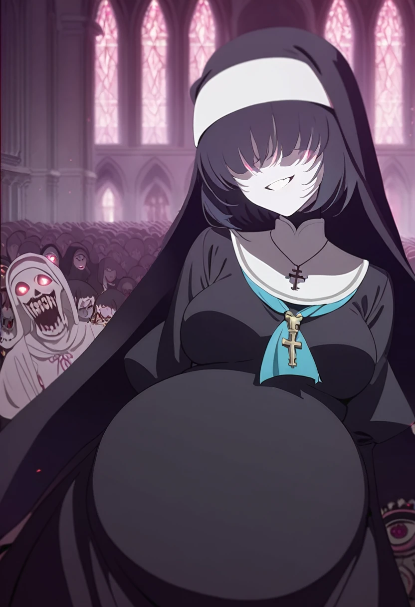 1girl, nun, cross, cross necklacke, jewelry, (black hair), (turquoise bangs), very short hair, hair over eyes, pale skin, yellow eyes, glowing eyes, black dress, house, corridor, evil smile, blood on mouth, very big belly, horror scene, (masterpiece), best quality, full body