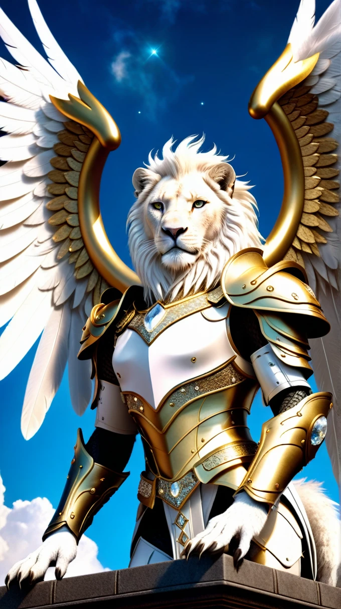 white lion warrior in armor 8K, white angel perched on a golden bejeweled tower in a utopian paradise city, huge feathered angel wings, nebula glowing eyes, white clouds flowing, ivory armor with diamond inlays, trends on artstation, sharp focus, studio photo, details Intricate, highy detailed, por Tim Burton