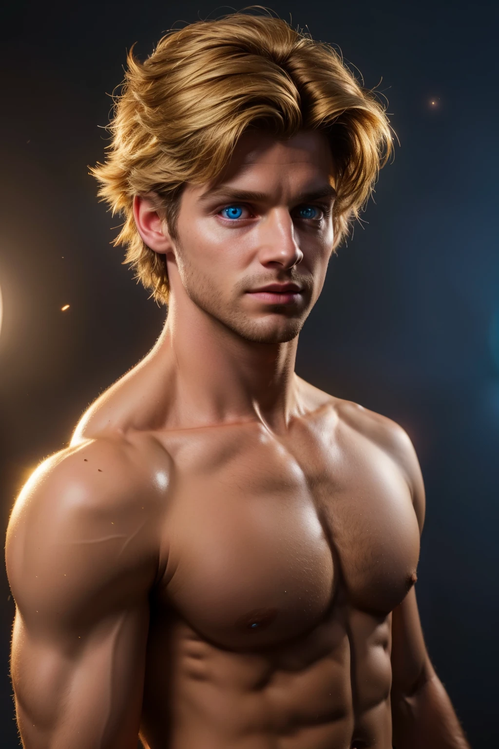 looking into camera, best quality, masterpiece, upper body, bright highlights, (extremely detailed CG unity 8k wallpaper), handsome young man, angelic wings, halo, (male, man), messy hair, short hair, serious, dramatic pose, cinematic lighting, photorealistic, dynamic pose, sharp-focus, 80s fantasy art, (photorealistic:1.4), (masterpiece, finely detailed beautiful eyes: 1.2), masterpiece*portrait, realistic, 3d face, glowing eyes, blonde hair, wearing nothing completely naked