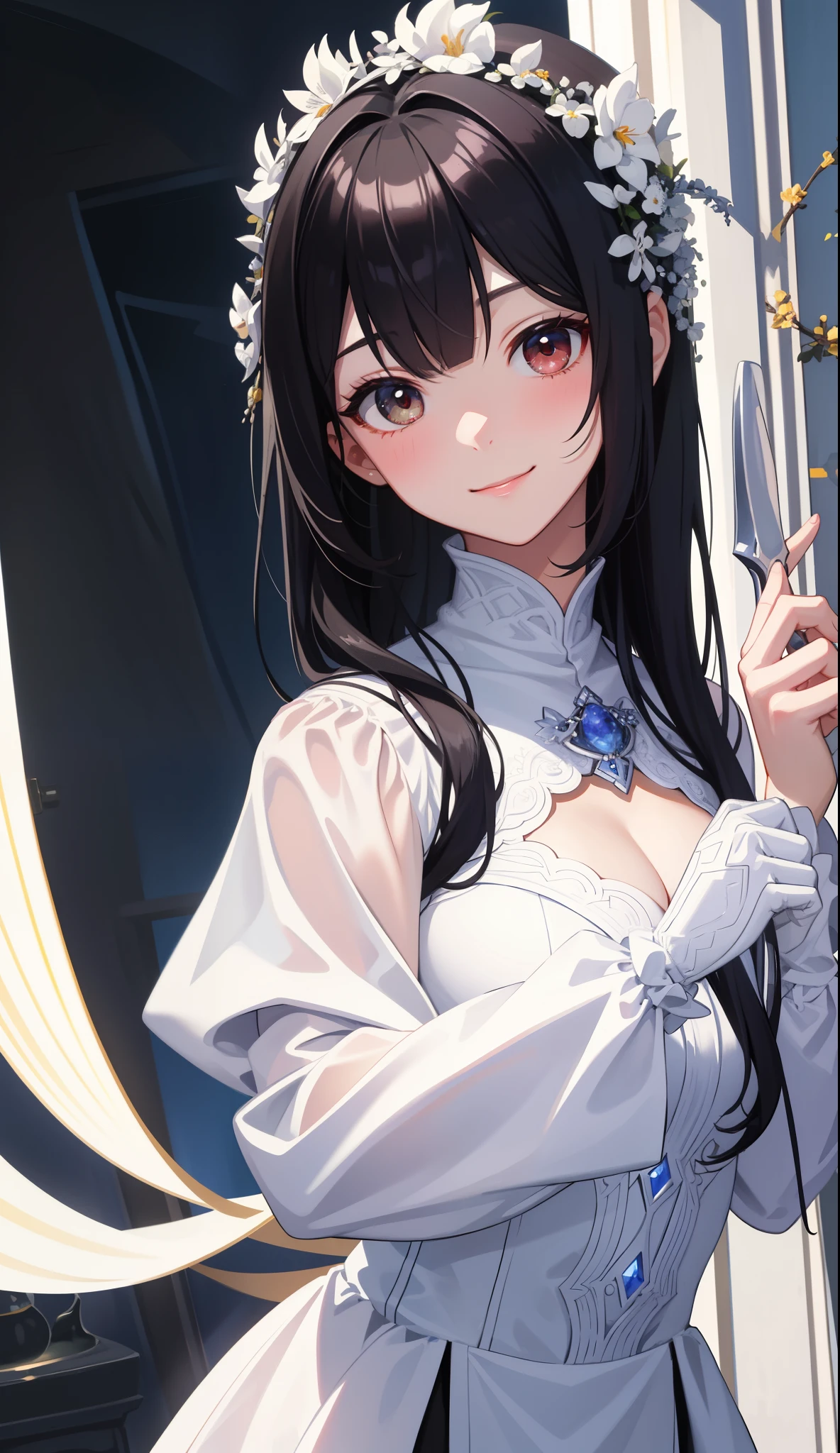 masterpiece、Highest quality、Very detailed、Beautiful lighting、[[Small body]]、She has a bob hairstyle with cropped bangs.、Black Hair、iris、[[Big Breasts]]、smile、Blushing、skin