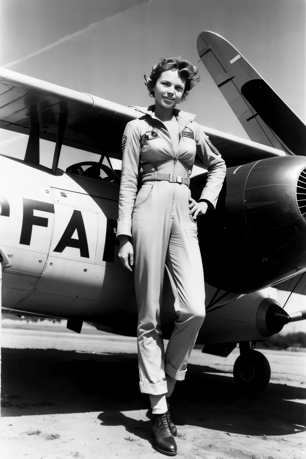 Wide shot photograph of Amelia Earhart next to her plane.