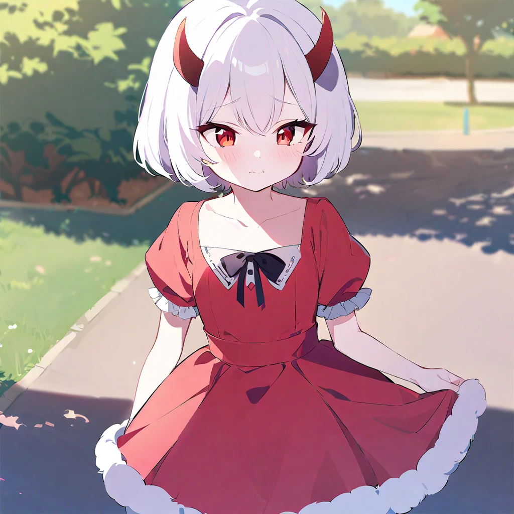  girl, devil girl, small red horns, white hair, short fluffy hair, big red eyes, pale skin, blushing cheeks, in a , red dress, in the park